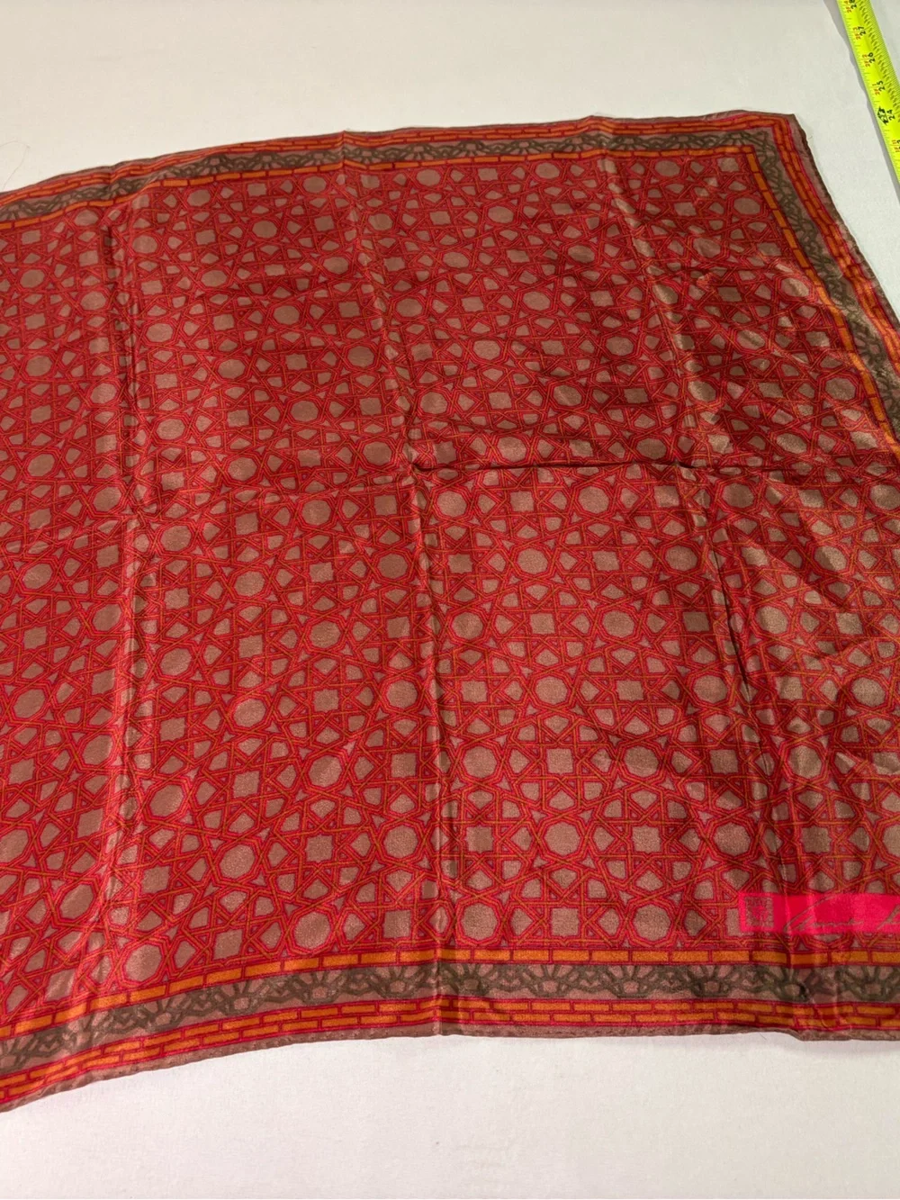 Anne Klein Red Geometric Silk Scarf with Brown and Orange Border